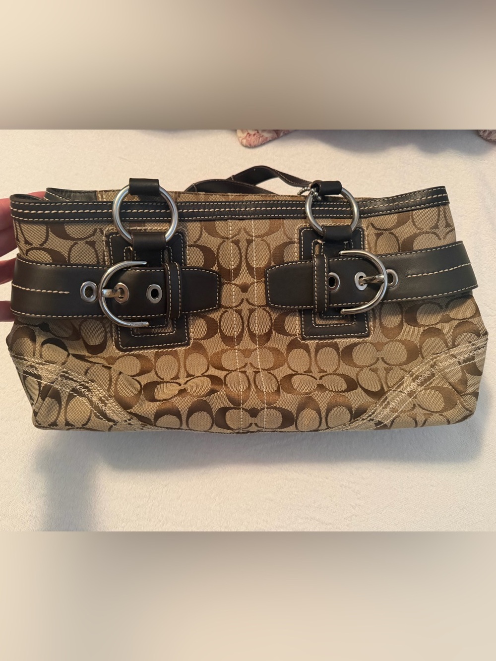 Coach Khaki/Brown Signature Jacquard Shoulder Bag